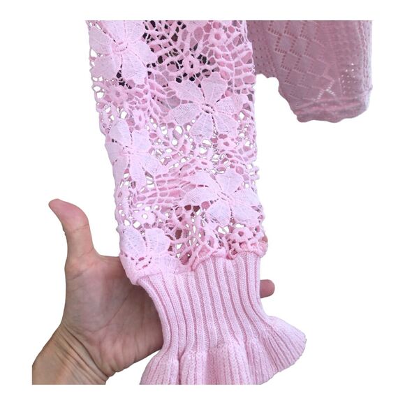 Women's Pink Lace Crochet Sleeve Romantic Boho Slouchy Chunky Sweater Top Size M - Picture 11 of 16